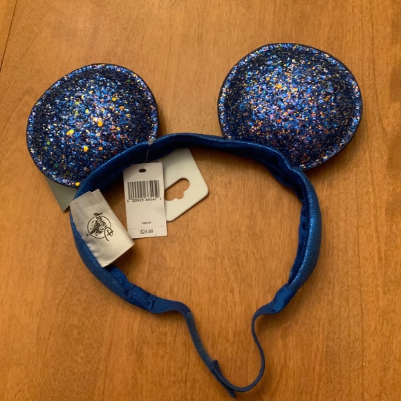 Disney Parks Gold Blue Bow Sequined Mickey Mouse Ears Headband - Picture 3 of 3